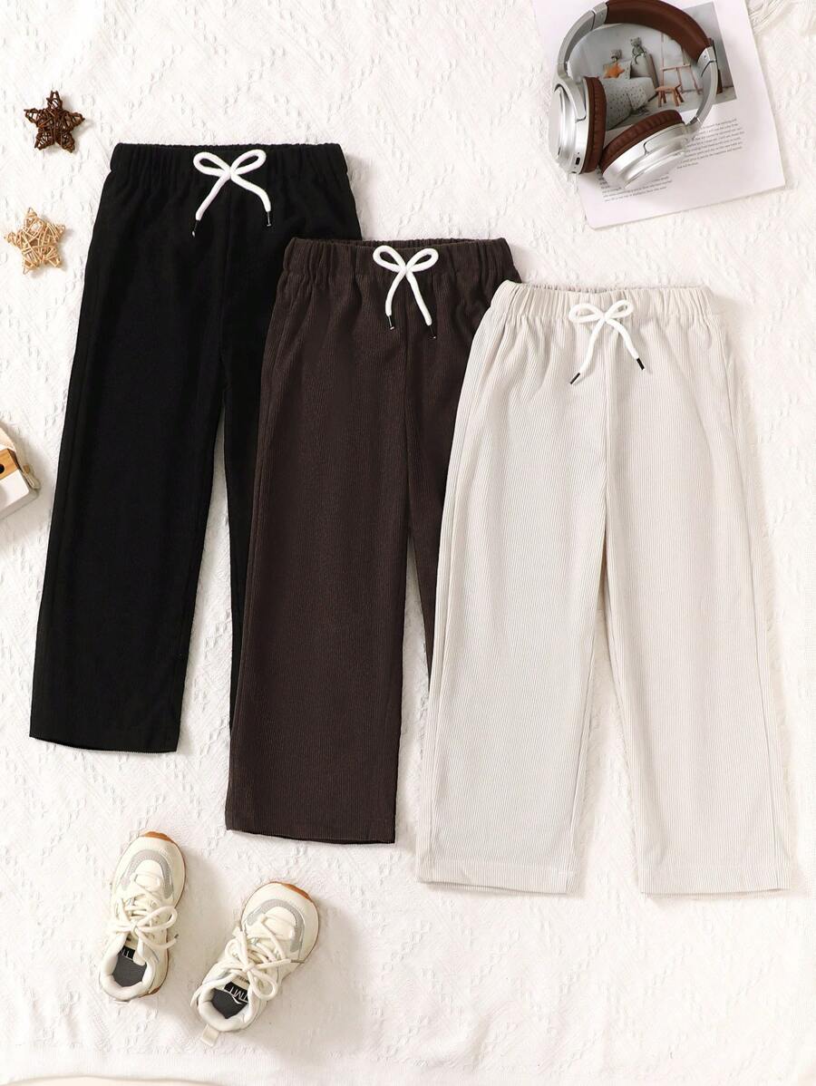 SHEIN Genkimix Kids 3件套女童白色、棕色、黑色休闲舒适长裤，松紧腰带饰有蝴蝶结，天鹅绒面料，直筒裤型，适合春秋季穿着
