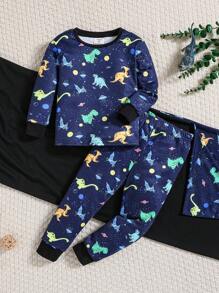 SHEIN 3pcs/Set Boy Snug Fit Fluorescent Cartoon Dinosaur Print Round Neck Long Sleeve Top And Pants & Throw Blanket Casual Comfortable Sleepwear Set - Black - View 6