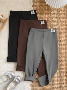SHEIN LMoss Kids LMoss Buy 1 Get 2 Young Girl Solid Color Letter Pattern Fitted Casual Leggings - Brown - View 1