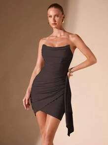 SHEIN BAE Vestido de tubo de unicolor albaricoque con volante en el bajo, fruncido delantero brillante, adecuado para citas románticas, fiestas, discotecas, eventos de noche, vestido de dama de honor minimalista y corto - Café integral - Ver 5