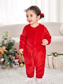 SHEIN 新生女宝宝可爱圣诞驯鹿卡通印花长袖连体衣，秋冬款 - 紅色 - 查看 7