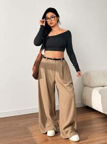 SHEIN EZwear Pantaloni larghi casual con lacci, di colore cachi, taglie comode, adatti per autunno/inverno - Cachi - Visualizzare 5
