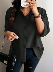 Elenzga Große Größen Frauen Einfarbig Langarm Lose Hemd Mit Schleife Dekor Auf Der Rückseite, Herbst - Schwarz - Übersicht 2