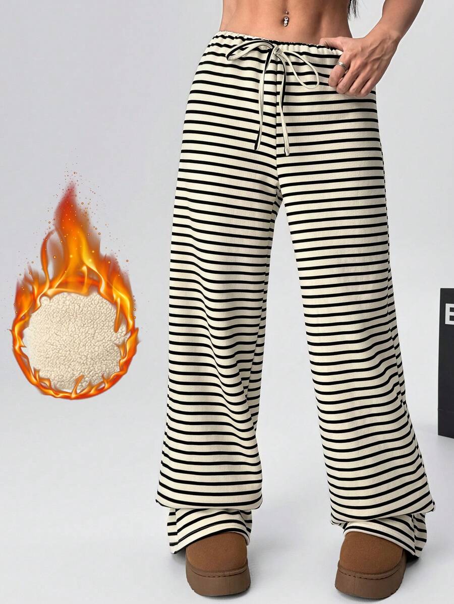 SHEIN EZwear 女式条纹直筒宽松休闲裤,腰部抽绳,保暖内衬 - 黑與白 - 查看 1
