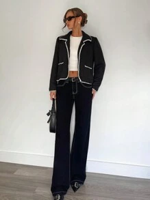 SHEIN Essnce New Winter Loose Short Embroidered Shell Bomber Jacket, Thick Tweed Jacket, Outerwear, Women Jacket, Black, Winter Clothing, Jacket - Black - View 3