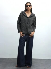 Maija Women's Spring Early Grey Casual Solid Color Front Button Long Sleeve Simple Loose Fit Cardigan Knit Top, For Everyday Casual Wear