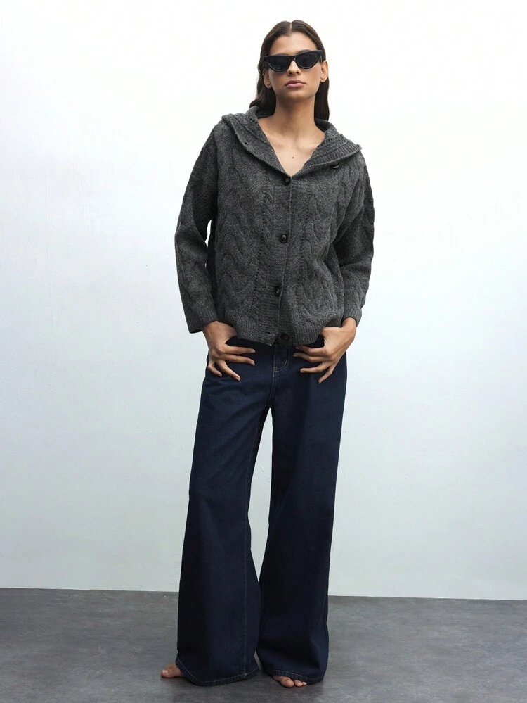 SHEIN Maija Damski wiosenny, wczesny szary, swobodny, jednolity kolor, guziki z przodu, długi rękaw, prosty, luźny krój, kardigan, dzianinowy top, do codziennego noszenia