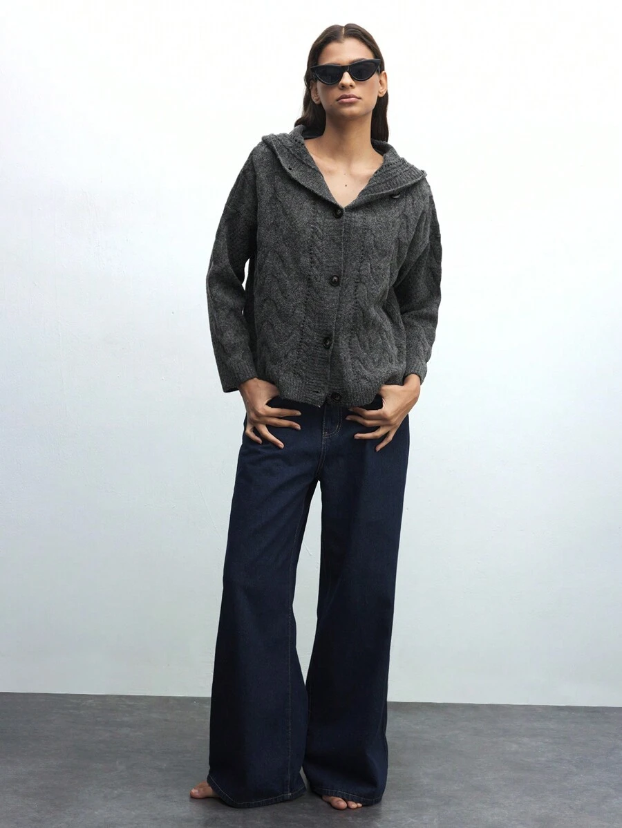 Maija Women's Spring Early Grey Casual Solid Color Front Button Long Sleeve Simple Loose Fit Cardigan Knit Top, For Everyday Casual Wear