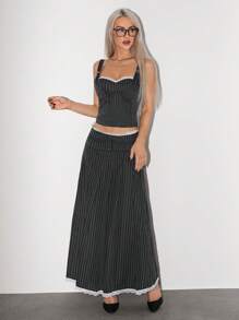 SHEIN ICON Falda midi plisada a rayas de cintura baja con decoración de encaje para mujer
