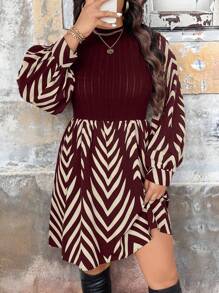 Celure 1 件圆领长袖羊毛纯色印花拼布大码休闲连衣裙