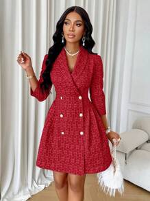 SOLERSUN Double Breasted Pleated Hem Blazer Dress For New Year Clothes - Red - View 1