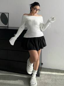 Flirla Plus Size Solid Color Off Shoulder Knot Detail Casual Pullover Sweater - White - View 3