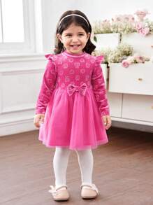 SHEIN Váy dài tay bằng vải nhung và lưới họa tiết hoạt hình màu hồng dễ thương cho bé gái, thích hợp cho tiệc tùng và các dịp khác, mùa thu/đông - Hồng - Xem 4