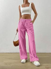 SHEIN EZwear Màu thuần Eo dây rút Dài Quần - Hồng - Xem 5