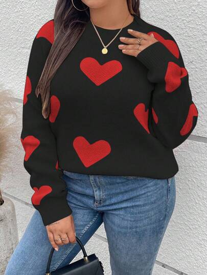 Elenzga Plus Size Women Heart Pattern Crew Neck Sweater, Casual Everyday Wear, Autumn/Winter Knit Pullover Fall