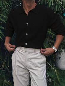 Manfinity Homme Áo khoác cardigan cài nút tối giản thường ngày cho nam, mặc hàng ngày vào mùa thu/đông Áo sơ mi đen cho nam Áo sơ mi đen nam - màu đen - Xem 6
