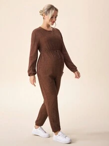 SHEIN Maternity Long Sleeve Jumpsuit With Drawstring And Bow Knitted Romper For Fall/Winter - Brown - View 4