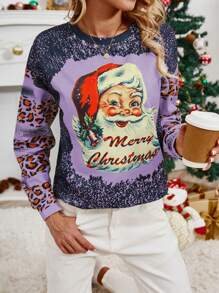 SHEIN LUNE Christmas Santa And Leopard Print Color Block Casual Sweatshirt, Autumn/Winter Pullover Fall Outfit - Multicolor - View 4