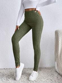 SHEIN Frenchy Leggings sin costuras, elásticos de cintura, con acanalado de unicolor