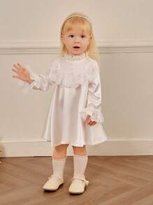 SHEIN Vestido de satén y encaje con mangas largas, estilo princesa elegante para niñas bebé, bautizo y ocasiones formales - Blanco - Ver 6
