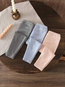 SHEIN LMoss Kids LMoss 3 件套女婴可爱纯色针织松紧腰裤，秋冬 - 彩色 - 查看 5