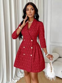 SOLERSUN Double Breasted Pleated Hem Blazer Dress For New Year Clothes - Red - View 5