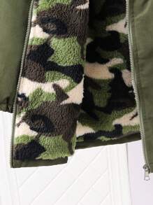 SHEIN Tween Girl 灰色迷彩保暖衬里拉链收腰连帽夹克 - 軍綠色 - 查看 3