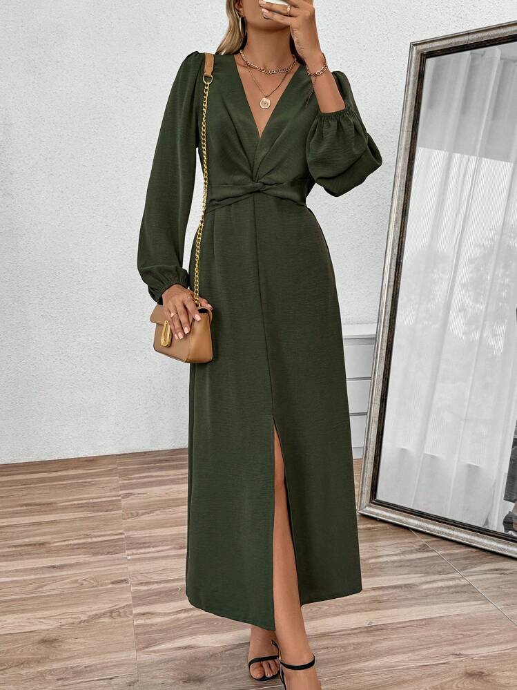 EMERY ROSE נשים בצבע אחיד צווארון V שרוול ארוך פשוט טוויסט שסע שמלת מקסי תלבושת נשים - צבאי ירוק - ראה 7