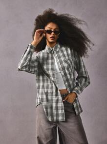 Athîral Women Front Button Long Sleeve Pocket Plaid Casual Shirt - Grey - View 1