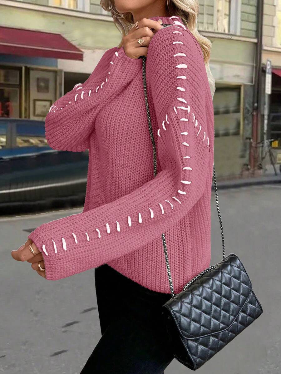 SHEIN LUNE New Arrival Autumn/Winter Funnel Neck Loose Casual Long Sleeve Sweater Knit Pullover Fall - Rusty Rose - View 1