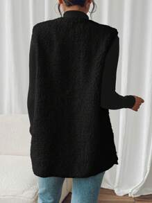 SHEIN Frenchy 秋冬女士纯色前扣无袖口袋休闲常规夹克 - 黑色 - 查看 2