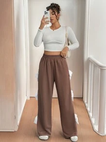 Calvaya 大码女式侧结撞色宽松休闲运动裤 - 棕色 - 查看 5