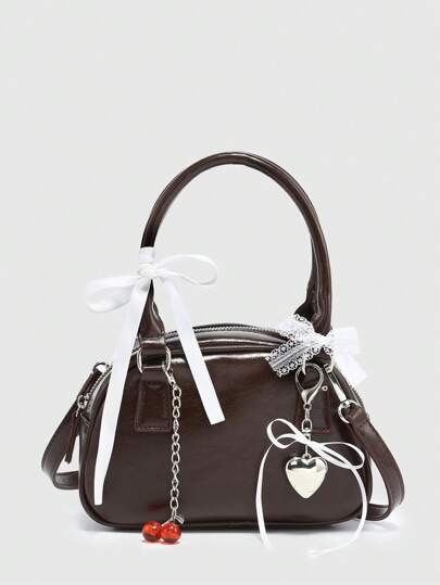 Mini bolso de mano con decoración de lazo, perla y cereza para mujer con estilo de ballet