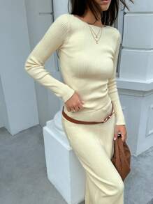INAWLY 2pcs Women Casual Ribbed Knit Top & Pencil Skirt Sweater Set For Autumn/Winter - Yellow - View 4