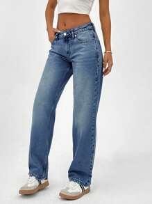 EURMUSE LOW RISE STRAIGHT FIT VINTAGE WASH Y2K STYLE JEAN - Medium Wash - View 3