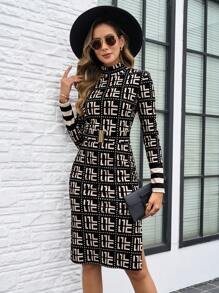 Ellevyn Đầm ôm body dệt kim cổ lọ dài tay in họa tiết hình học cho nữ, quần áo thu đông mùa đông cho nữ Đầm cổ lọ dài tay thanh lịch cho nữ Đầm dài tay - Nhiều màu - Xem 7