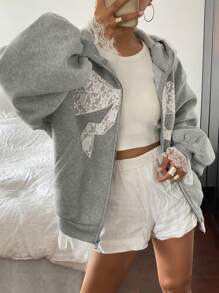 DAZY 女士蝴蝶结蕾丝印花宽松毛绒连帽卫衣，秋冬季保暖拉链外套 - 灰色 - 查看 9