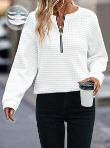 SHEIN LUNE 半拉链落肩运动衫，女士春秋休闲拉链长袖圆领宽松常规白色落肩半襟女式连帽衫，长袖上衣 - 白色 - 查看 1