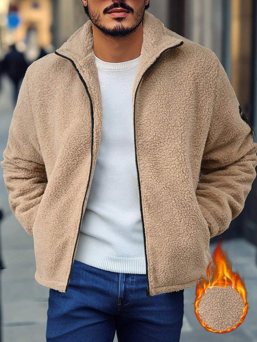 Manfinity Homme 男士纯色拉链口袋长袖夹克，秋冬 - 卡其色 - 查看 1