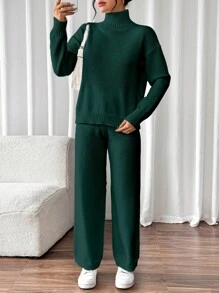 Chiquease Bộ 2 món áo len chui đầu cánh dơi cổ cao thường ngày cho nữ và quần, Thu/Đông - Màu xanh lá cây đậm - Xem 4