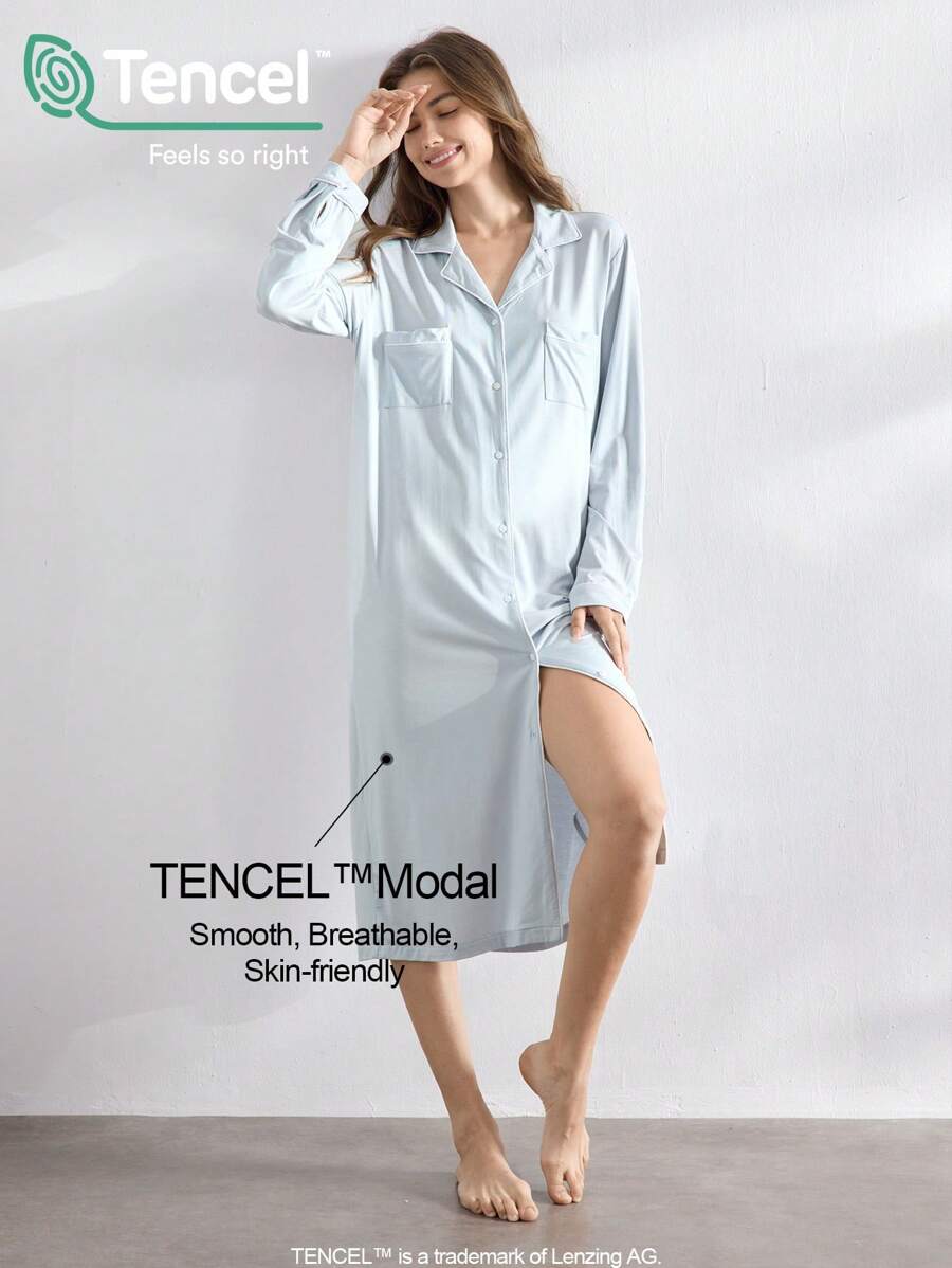 Ocili 女士纯色长袖单排扣口袋宽松睡袍 - 淺藍色 - 查看 1