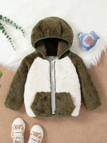 SHEIN Baby Boy Contrast Color Patchwork Hooded Plush Jacket For Winter - Green - View 3