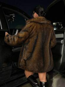 SHEIN SXY Lapel Neck Long Sleeve Open Front Fuzzy Coat For Winter