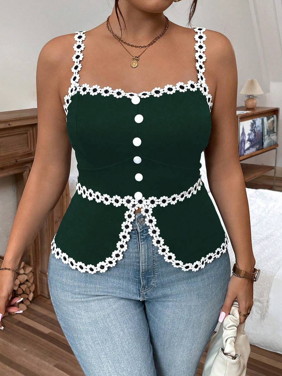 Calvaya Áo thun họa tiết hoa cỡ lớn, dây mảnh, cài nút phía trước, mặc hàng ngày, áo thun nữ - Màu xanh lá cây đậm - Xem 1