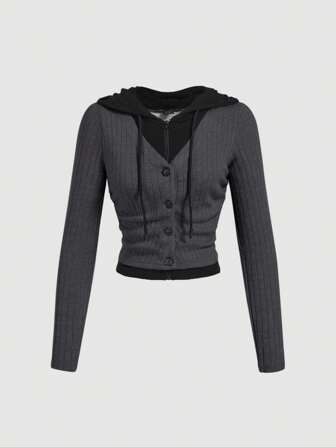 SHEIN MOD Damen unifarbene Blockfarbe Knopfleiste Langarm minimalistischer Kapuzenpullover, lässiger Alltagsanzug