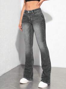 Jeanoix Women Front Button Pocket Simple Denim Casual Pants