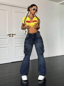 SHEIN PETITE Quần Jeans Cargo ống loe bó sát cạp trễ cho nữ, Quần Cargo cho nữ, Quần bó, Quần thu, Quần Jeans có túi, Quần Jeans ống loe, Quần Jeans nữ, Trang phục thu cho nữ, Quần nữ, Xanh lam - Rửa tối - Xem 4