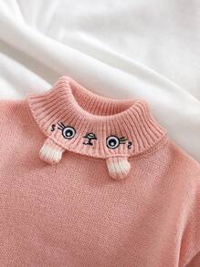 Baby Girls Cartoon Embroidery Turtleneck Sweaters, Cute Design Brings Warmth And Delight. The Cartoon Embroidery Design Is Playful And Adorable, Showcasing The Purity Of Childhood. The Turtleneck Design Is Warm And Comfortable For At-Home Wear.