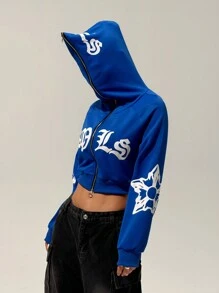 StreetHx Áo hoodie ngắn tay có khóa kéo họa tiết Gothic dành cho nữ, phong cách đường phố, mùa thu - Màu xanh lam - Xem 4