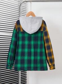 SHEIN Tween Boys Plaid Print Colorblock Hooded Shirt Without Tee